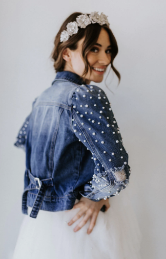 Untamed Petals Laura Puff Pearl Sleeve Jacket #7 Dark Denim thumbnail